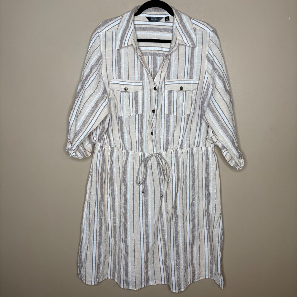 Mlle Gabrielle Womens 2X Striped Cotton Shirt Dress Metallic Neutral Roll Tab